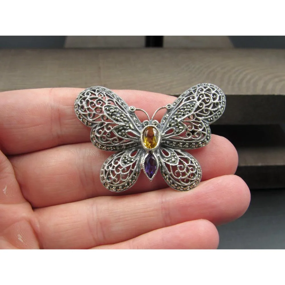 Sterling Silver Citrine Amethyst Marcasite Butterfly Pin Brooch - Picture 2 of 7